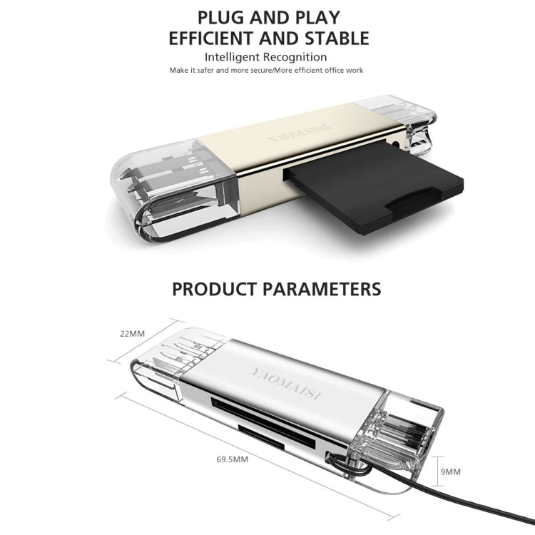 YAOMAISI Q25 2 in 1 USB 3.0 to Type-C Metal Memory Card Reader, Support SD / TF Card