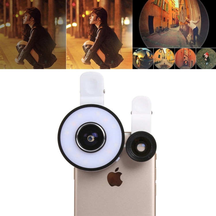 6 in 1 Universal Multifunction LED Ring Flash + 10X Marco Lens + 0.65X Wide Lens + 185 Degree Fisheye Lens with Clip, For iPhone 6s & 6s Plus, iPhone 6 & 6 Plus, iPad Air 2 & Air, Galaxy S6 / S6 edge / S6 edge+ / Note 5 Edge, HTC, Sony