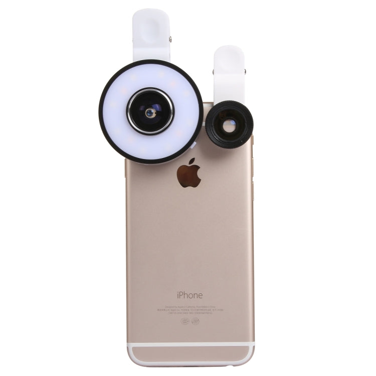 6 in 1 Universal Multifunction LED Ring Flash + 10X Marco Lens + 0.65X Wide Lens + 185 Degree Fisheye Lens with Clip, For iPhone 6s & 6s Plus, iPhone 6 & 6 Plus, iPad Air 2 & Air, Galaxy S6 / S6 edge / S6 edge+ / Note 5 Edge, HTC, Sony