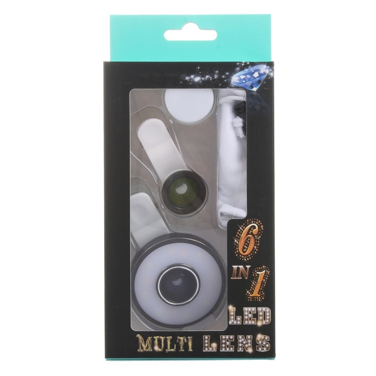 6 in 1 Universal Multifunction LED Ring Flash + 10X Marco Lens + 0.65X Wide Lens + 185 Degree Fisheye Lens with Clip, For iPhone 6s & 6s Plus, iPhone 6 & 6 Plus, iPad Air 2 & Air, Galaxy S6 / S6 edge / S6 edge+ / Note 5 Edge, HTC, Sony