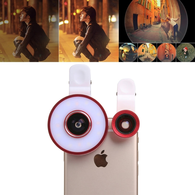 6 in 1 Universal Multifunction LED Ring Flash + 10X Marco Lens + 0.65X Wide Lens + 185 Degree Fisheye Lens with Clip, For iPhone 6s & 6s Plus, iPhone 6 & 6 Plus, iPad Air 2 & Air, Galaxy S6 / S6 edge / S6 edge+ / Note 5 Edge, HTC, Sony