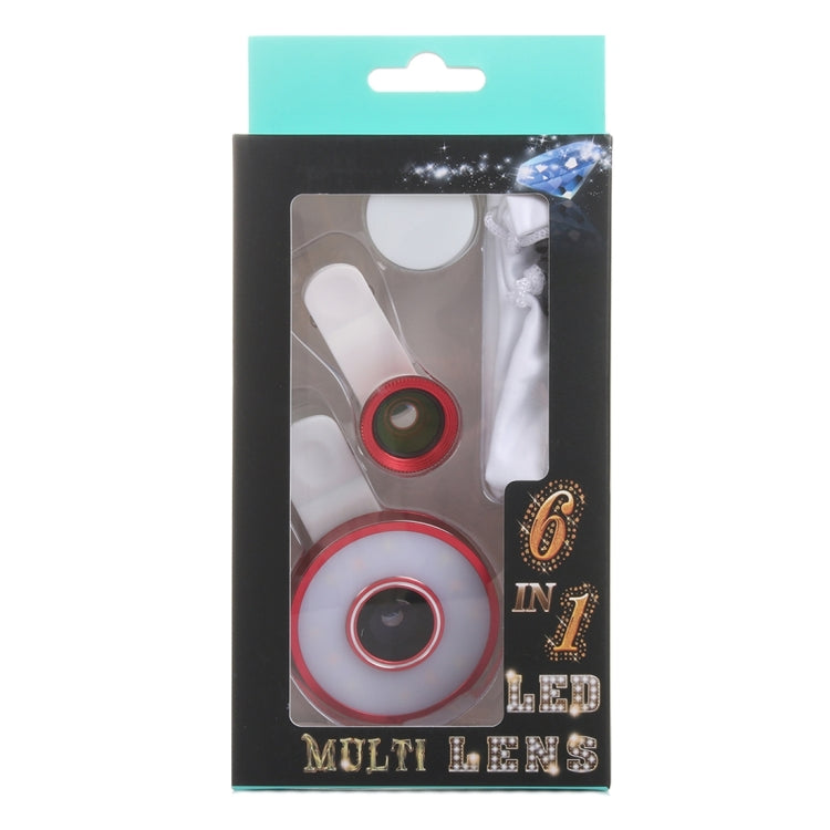 6 in 1 Universal Multifunction LED Ring Flash + 10X Marco Lens + 0.65X Wide Lens + 185 Degree Fisheye Lens with Clip, For iPhone 6s & 6s Plus, iPhone 6 & 6 Plus, iPad Air 2 & Air, Galaxy S6 / S6 edge / S6 edge+ / Note 5 Edge, HTC, Sony