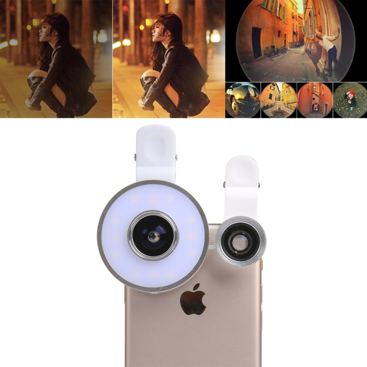 6 in 1 Universal Multifunction LED Ring Flash + 10X Marco Lens + 0.65X Wide Lens + 185 Degree Fisheye Lens with Clip, For iPhone 6s & 6s Plus, iPhone 6 & 6 Plus, iPad Air 2 & Air, Galaxy S6 / S6 edge / S6 edge+ / Note 5 Edge, HTC, Sony