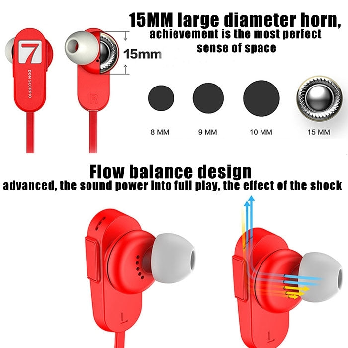 7 DON SCORPIO SMUSHROOM Bluetooth Stereo Sport in-ear Earphone with Mic(Red)