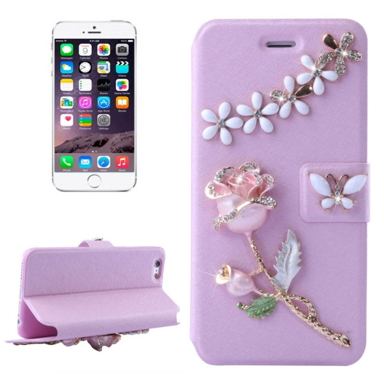 Natural Silk Texture & Stereoscopic Diamond Encrusted Rose Horizontal Flip Leather Case with Holder & Card Slot for iPhone 6 Plus