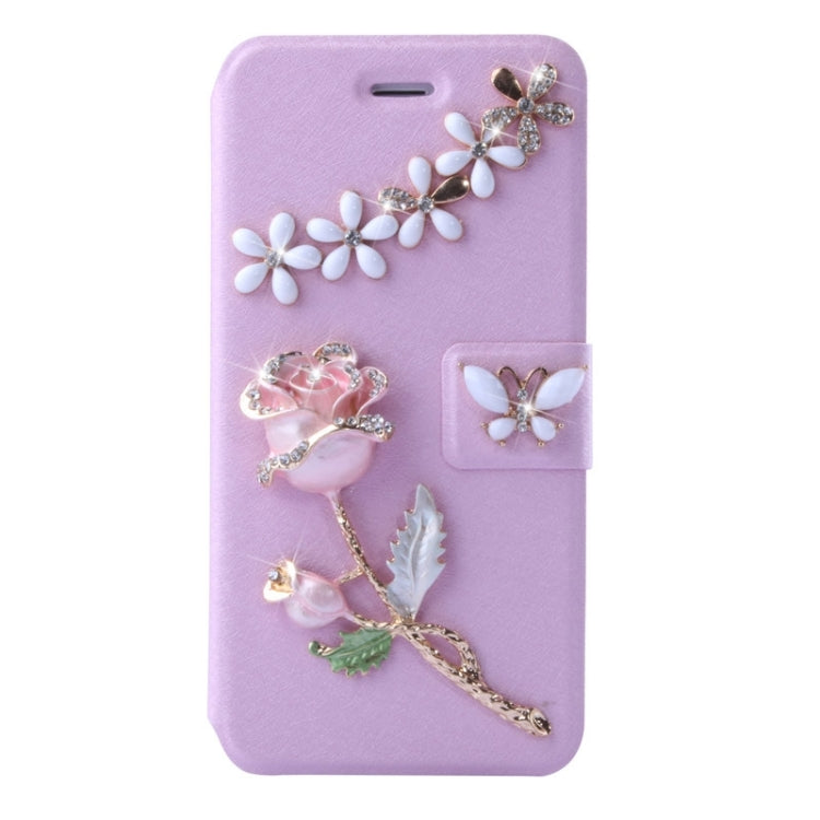 Natural Silk Texture & Stereoscopic Diamond Encrusted Rose Horizontal Flip Leather Case with Holder & Card Slot for iPhone 6 Plus