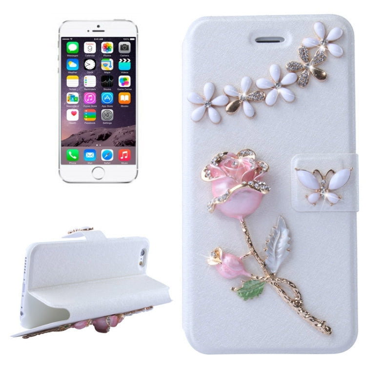 Natural Silk Texture & Stereoscopic Diamond Encrusted Rose Horizontal Flip Leather Case with Holder & Card Slot for iPhone 6 Plus