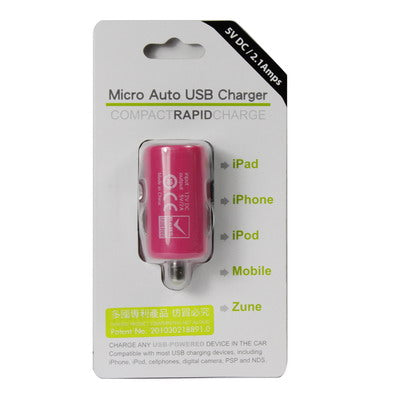 Micro Auto USB in Car Charger for iPad 2 & iPad, iPhone, Mobile, Zune, Output: 5V/2.1A(Pink)