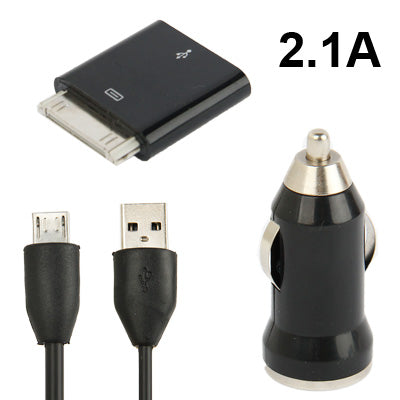 3 in 1 (iPhone 4 Connection + 1m USB to Micro 5 Pin Cable + 2.1A Car Charger) Travel Charger for New iPad / iPad  / iPhone 4 & 4S / iPod touch / Galaxy S IV / i9500 / i9300 / N7100 / Nokia / LG / Sony Xperia etc.(Black)
