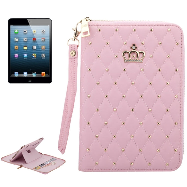 Crown Pattern & Diamond Lattice Texture Diamond Encrusted Carry Case with Holder & Card Slots & Wallet & Lanyard for iPad 4 / New iPad(iPad 3) / 2