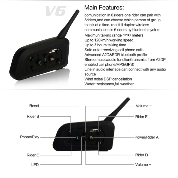 2 PCS V6-1200 1200m 6 Riders Bluetooth Multi-Interphone Headsets for Motorcycle Helmet(Black)