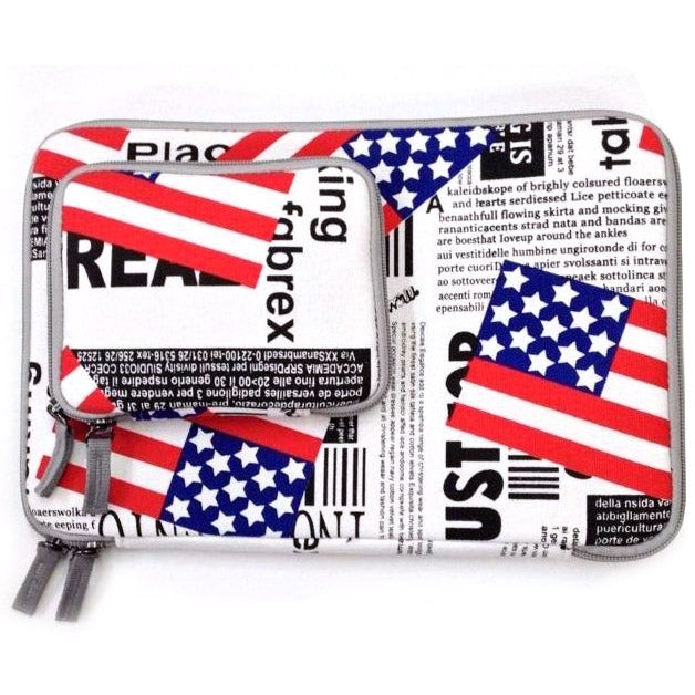 POFOKO US Flag Pattern 11.6 inch Fashion Zipper Linen Waterproof Sleeve Case Bag for Laptop Notebook, with A Small Bag for Mouse