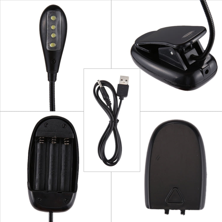 Single Arm LED Book Light, 4 LED, White Light, with Clip & Switch & USB Cable(Black)