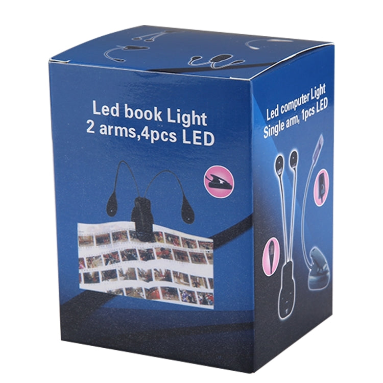 Single Arm LED Book Light, 4 LED, White Light, with Clip & Switch & USB Cable(Black)