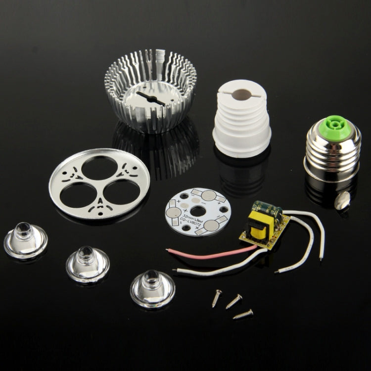 E27 3W DIY Aluminum 3 LED Spotlight Lamp Shell Kit (Aluminum Shell + Lamp Cover + Aluminum Base Plate + E27 Base + LED Lens + LED Driver + Screws)