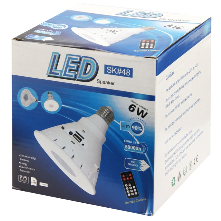 E27 6W New Design Speaker White LED Bulb Speaker with Remote Control, Support LED Light / USB / TF Card / FM Radio (Sk#48)
