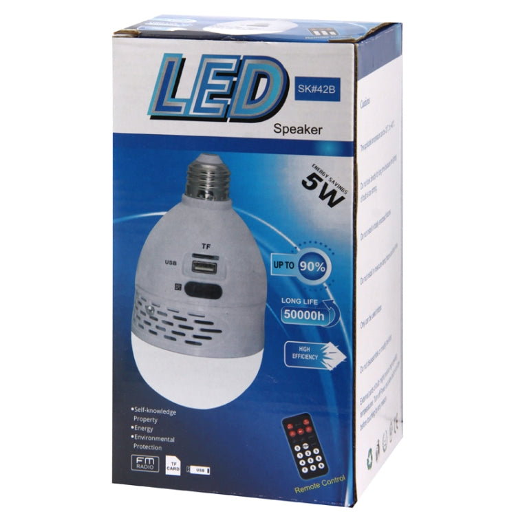 E27 5W New Design Speaker White LED Bulb Speaker with Remote Control, Support LED Light / USB / TF Card / FM Radio (Sk#42B)