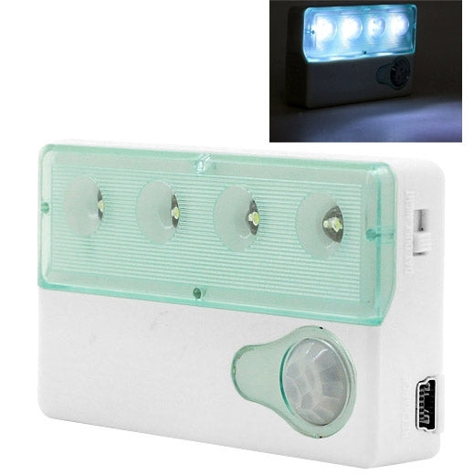 Auto PIR Infrared Sensor Motion Detector Wireless Light Lamp, White Mini 4 LED USB Rechargeable