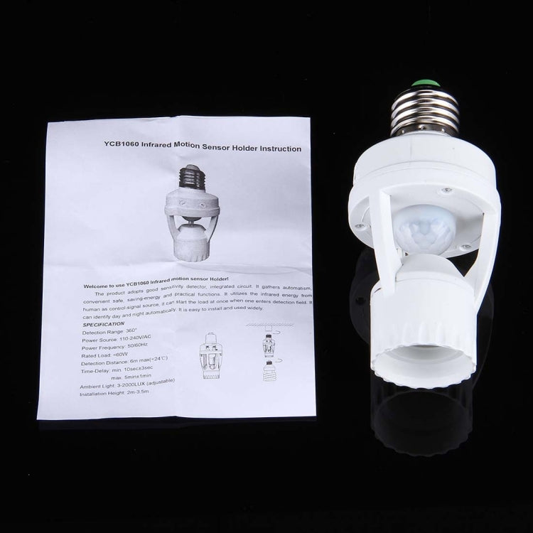 YCB1060 360 Degrees E27 60W PIR Motion Sensor Lamp Holder, Detection Range: Around 6m, AC 110-240V(White)