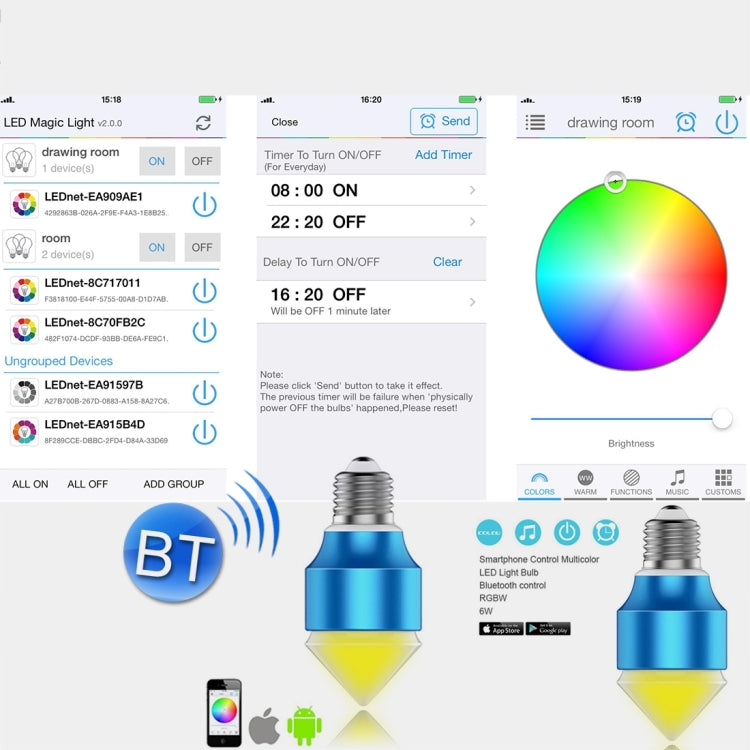 E27 6W Smart LED Light Bulbs Lamp, 400-450LM RGB+Warm White Light, AC 100-240V, Bluetooth, Compatible with iOS, Android