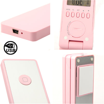 Folding LED Eye-protection Table Lamp , 18 LEDs, White Light, with Calendar / Thermometer / Alarm / Clock(Pink)