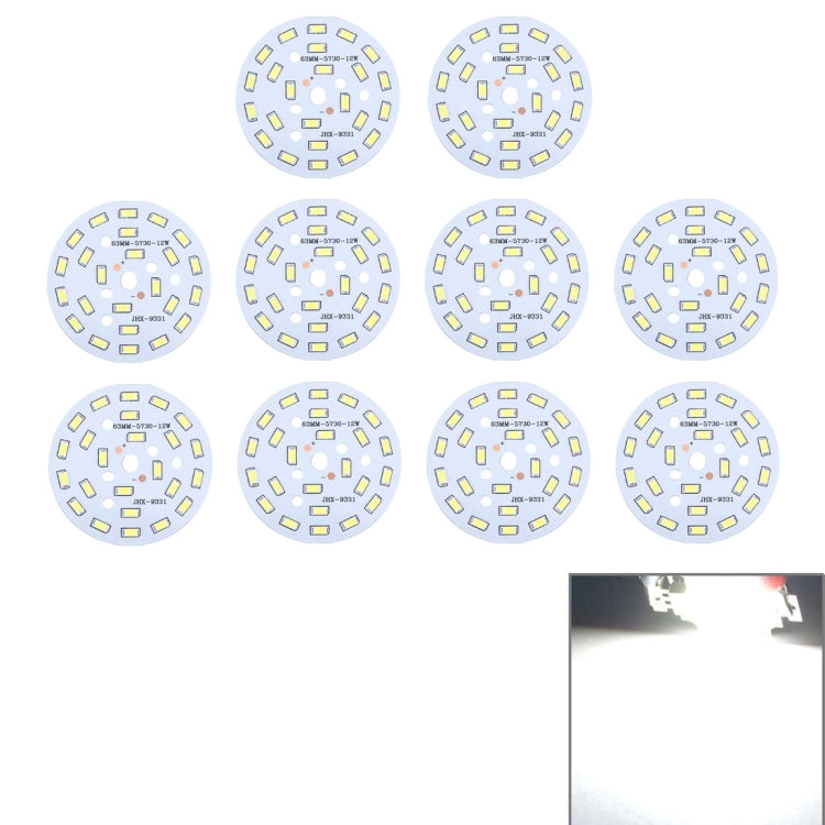 10 PCS 12W SMD 5730 White Light Aluminum Base Light Panel, 24 LEDs 1080 LM 3000-6500K, Diameter: 63mm