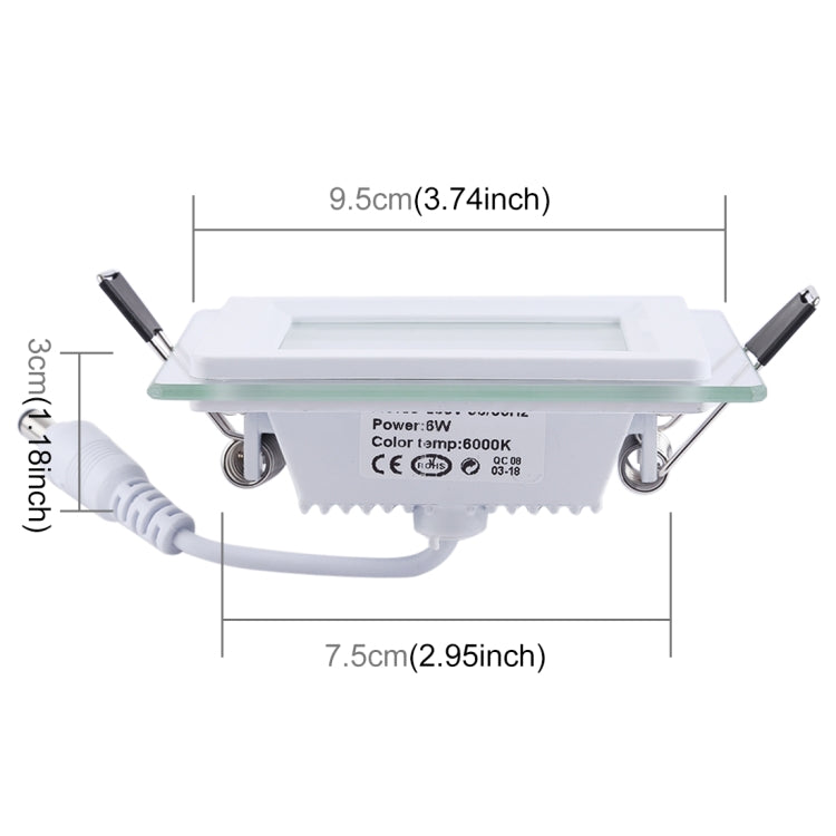 6W Light 10cm Square Glass Panel Light Lamp with LED Driver, Luminous Flux: 480LM, AC 85-265V, Cutout Size: 7.5cm