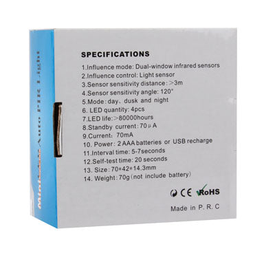 Infrared PIR Auto Sensor Motion Detector Light, Mini USB Port, 4 LED, White Light, Sensitive Distance: 3m(Baby Blue)