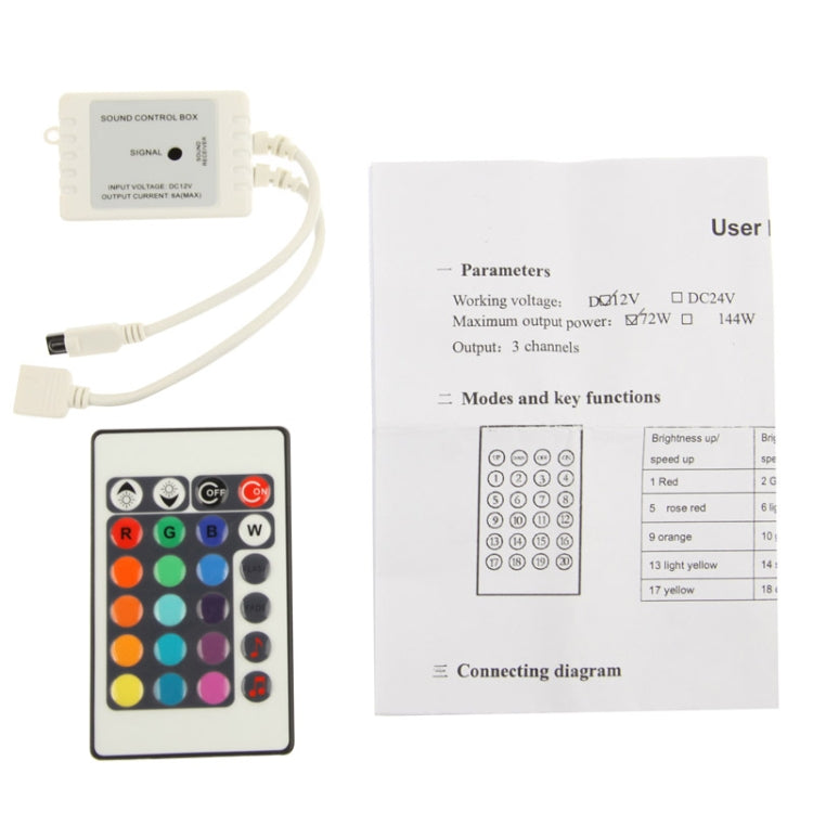 LED Controller for LED Strip Light with 24 Keys Remote Control & Sound Control, DC 12V(White)