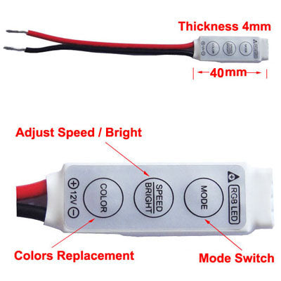 3 Keys Mini Controller Dimmer for 3528 / 5050 SMD RGB LED Strip Light, DC 12V, Size: 40 x 12 x 4mm