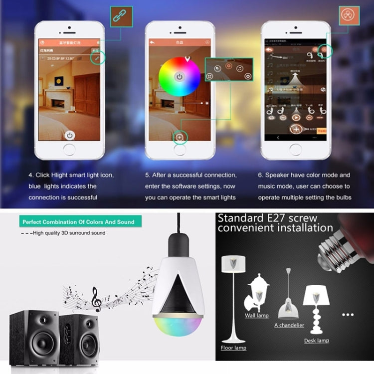 HW02 Bluetooth 4.0 Music Audio Speaker LED Color Bulb Light Lamp, E27