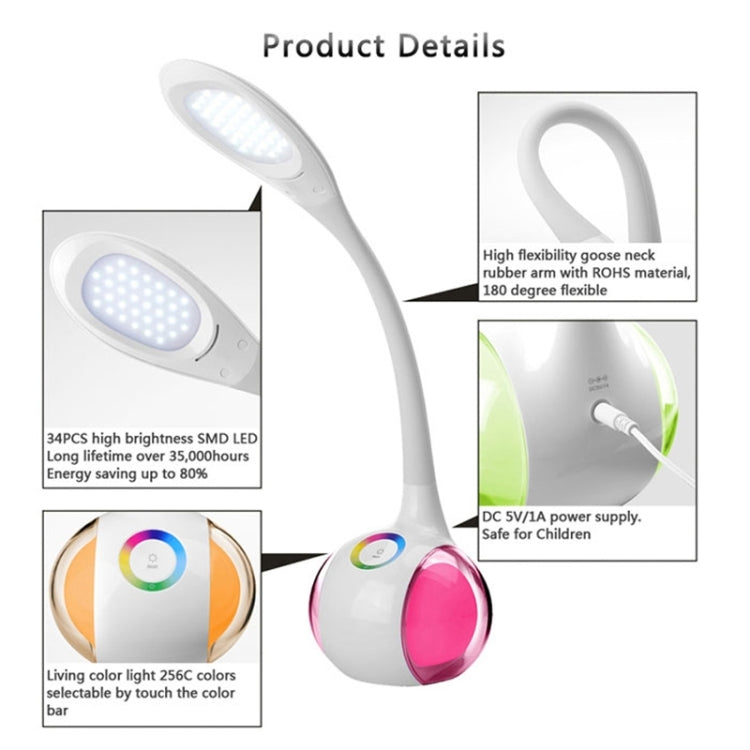 5W USB Charging Multi-function RGB Color 3 Dimmable Levels Night Light, 34 LEDs Changeable LED Table Lamp Eye-protection Touch Control, DC 5V 1A