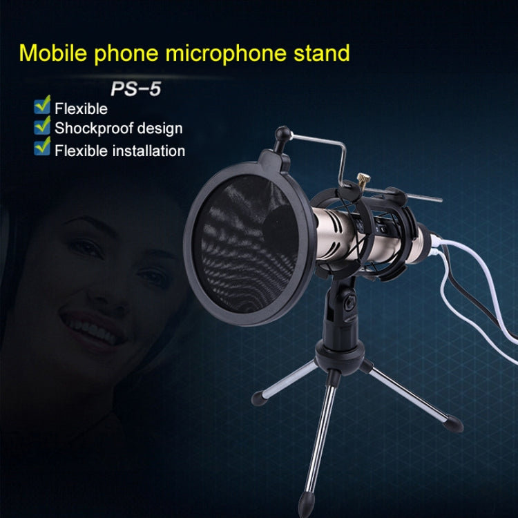 PS-5 Universal Live Broadcast Bracket Tripod Holder with Anti-spray Net & Microphone Clip & Shockproof Clip, For iPhone, Galaxy, Sony, Lenovo, HTC, Huawei, and other Smartphones