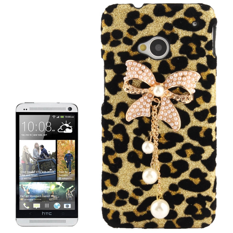 3D Pearl Bowknot Encrusted Leopard Pattern Shimmering Powder Plastic Case for HTC One / M7