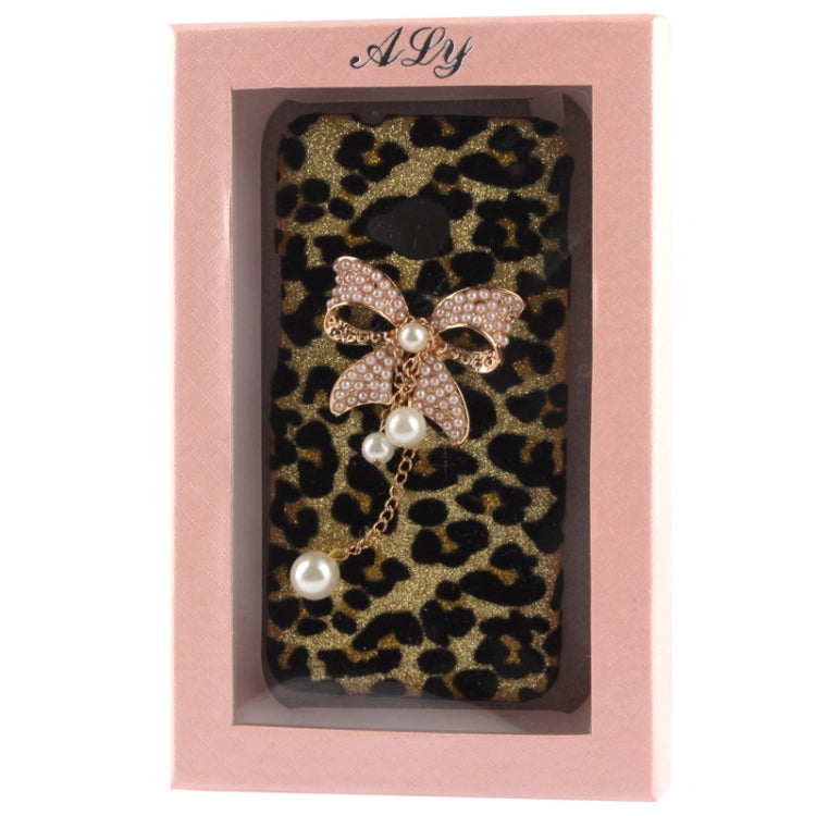 3D Pearl Bowknot Encrusted Leopard Pattern Shimmering Powder Plastic Case for HTC One / M7