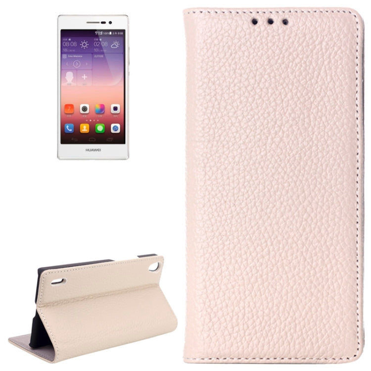 Litchi Texture Horizontal Flip Top-grain Leather Case with Card Slots & Holder for Huawei Ascend P7(White)