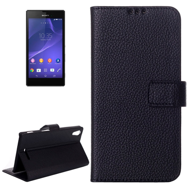 Litchi Texture Magnetic Button Horizontal Flip Leather Case with Card Slots & Holder for Sony Xperia T3 / M50W(Black)