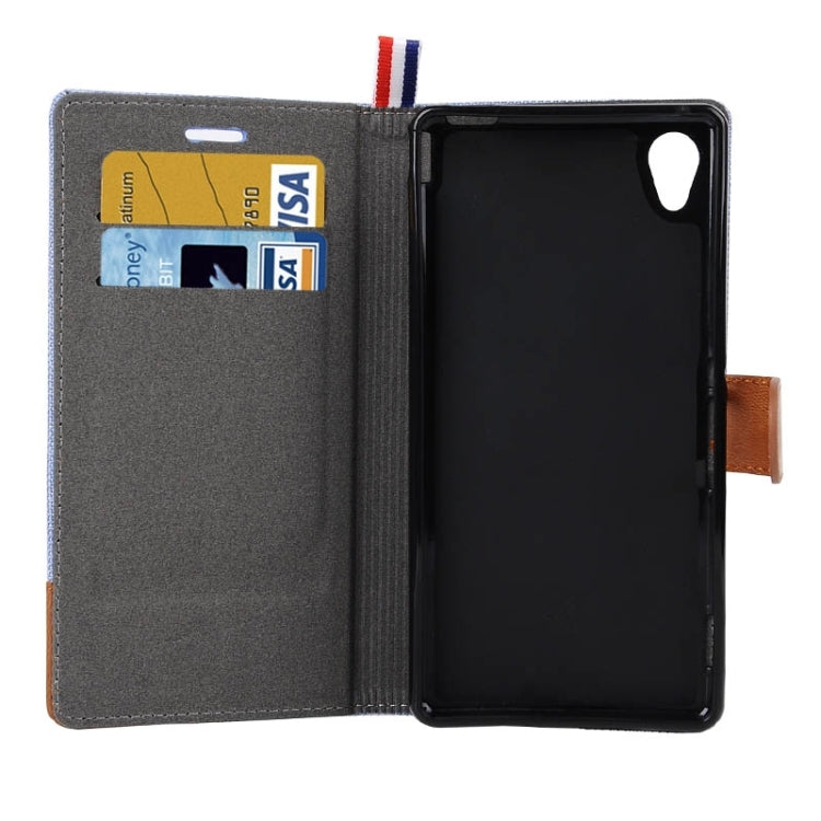 Denim Texture Horizontal Flip Leather Case with Card Slots & Holder & Lanyard for Sony Xperia M4 Aqua