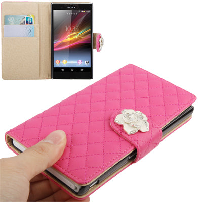 Plaid Texture Diamond Flower Button Flip Soft Leather Case with Credit Card Slots