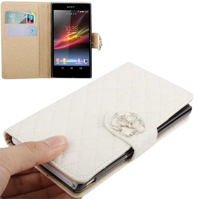 Plaid Texture Diamond Flower Button Flip Soft Leather Case with Credit Card Slots