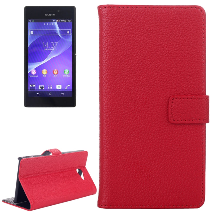Litchi Texture Flip Leather Case with Credit Card Slots & Holder for Sony Xperia M2 (Red)