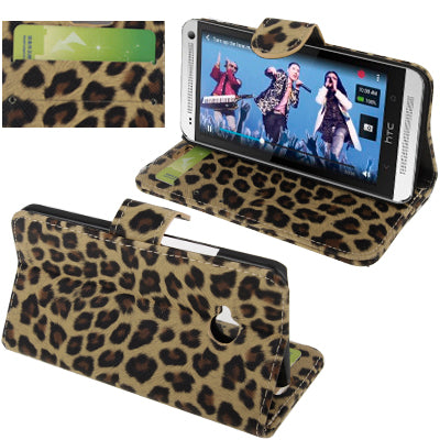 Yellowish Brown Leopard Texture Horizontal Flip Leather Case with Credit Card Slots & Holder for HTC One / M7