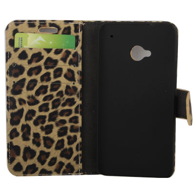 Yellowish Brown Leopard Texture Horizontal Flip Leather Case with Credit Card Slots & Holder for HTC One / M7