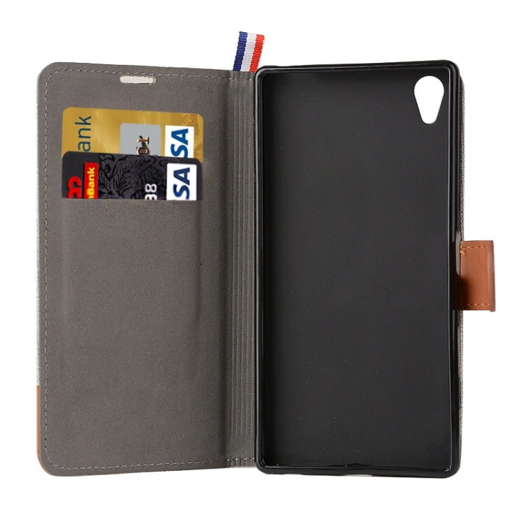 Denim Texture Horizontal Flip Leather Case with Magnetic Snap & Card Slots & Holder & Sling for Sony Xperia Z5 Premium / Plus