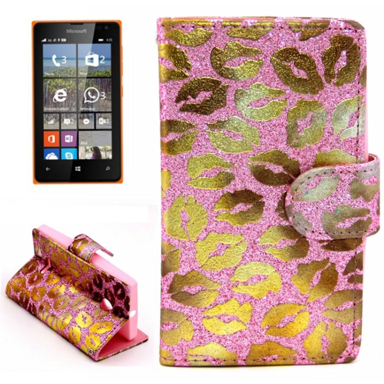 Golden Lips Pattern Flip Leather Case with Holder & Card Slots for Microsoft Lumia 435