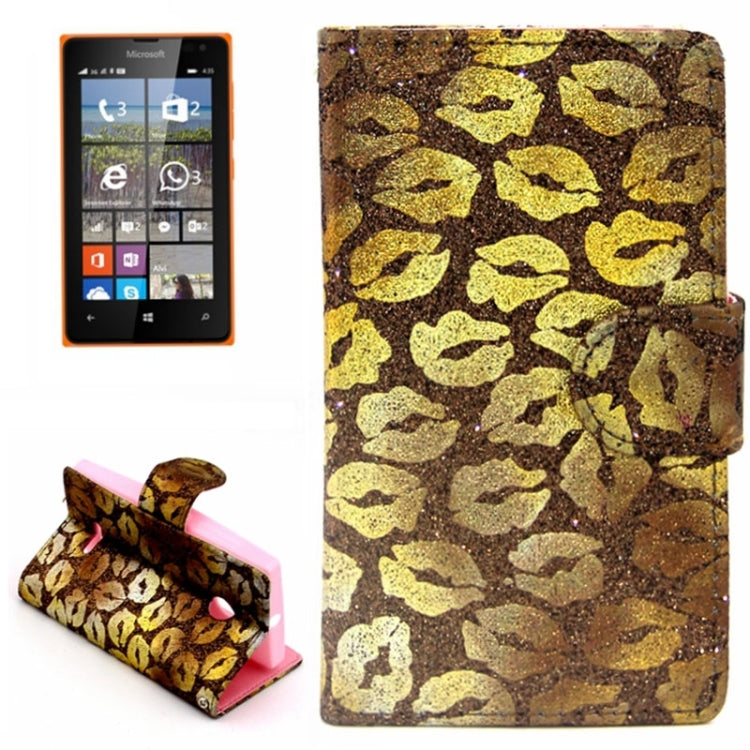 Golden Lips Pattern Flip Leather Case with Holder & Card Slots for Microsoft Lumia 435