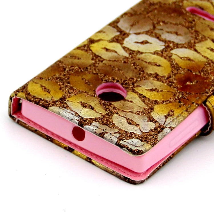 Golden Lips Pattern Flip Leather Case with Holder & Card Slots for Microsoft Lumia 435