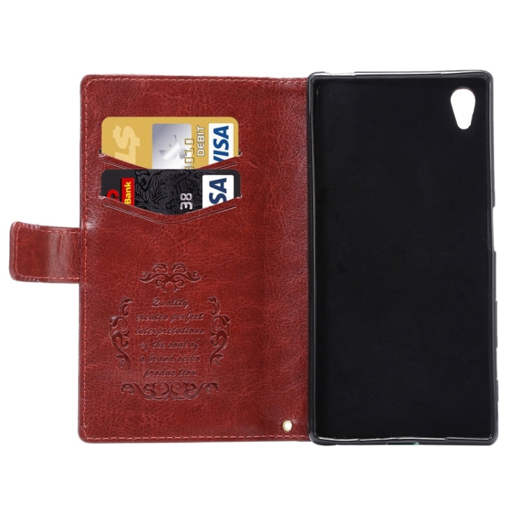 Lambskin Texture Words and Flowers Printing Horizontal Flip Solid Color Leather Case with Holder and Card Slots for Sony Xperia Z5 Premium / Plus