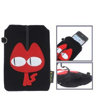 125x75mm Red Cat Style Soft Fabric Pouch Bag for Mobile Phone (Black)