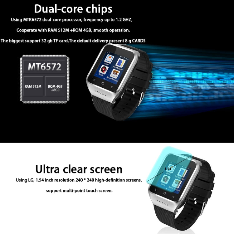 ZGPAX S8 Smart Watch Phone, 512MB+4GB, Built-in 8GB TF Card, Android 4.4.2, MTK6572 Dual Core 1.2GHz, WiFi, Bluetooth, GPS, Network: 3G(Silver)